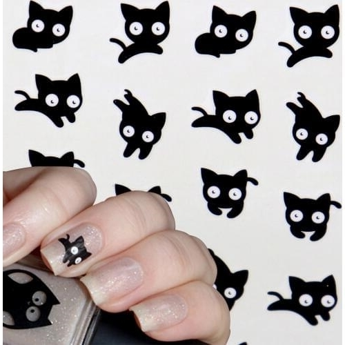 Дизайн Черных Ногтей С Наклейками Кошками