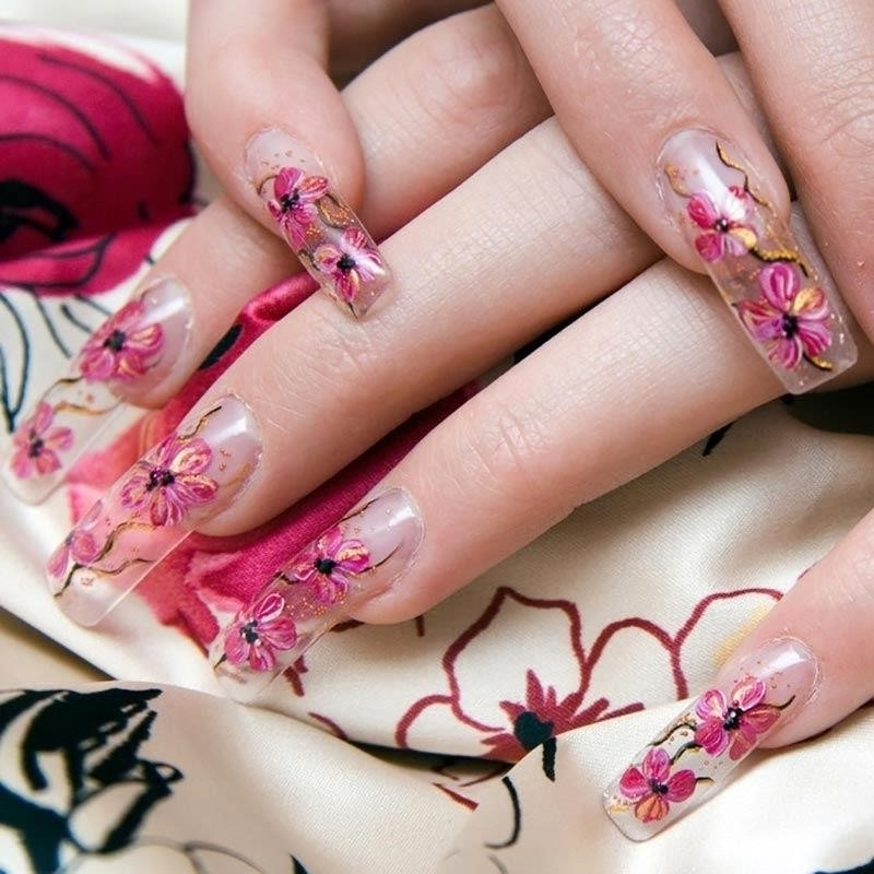 Сакура на ногтях. Наращивание ногтей цветочки. Нарощенные ногти. Цветы. Прозрачные ногти с цветами.