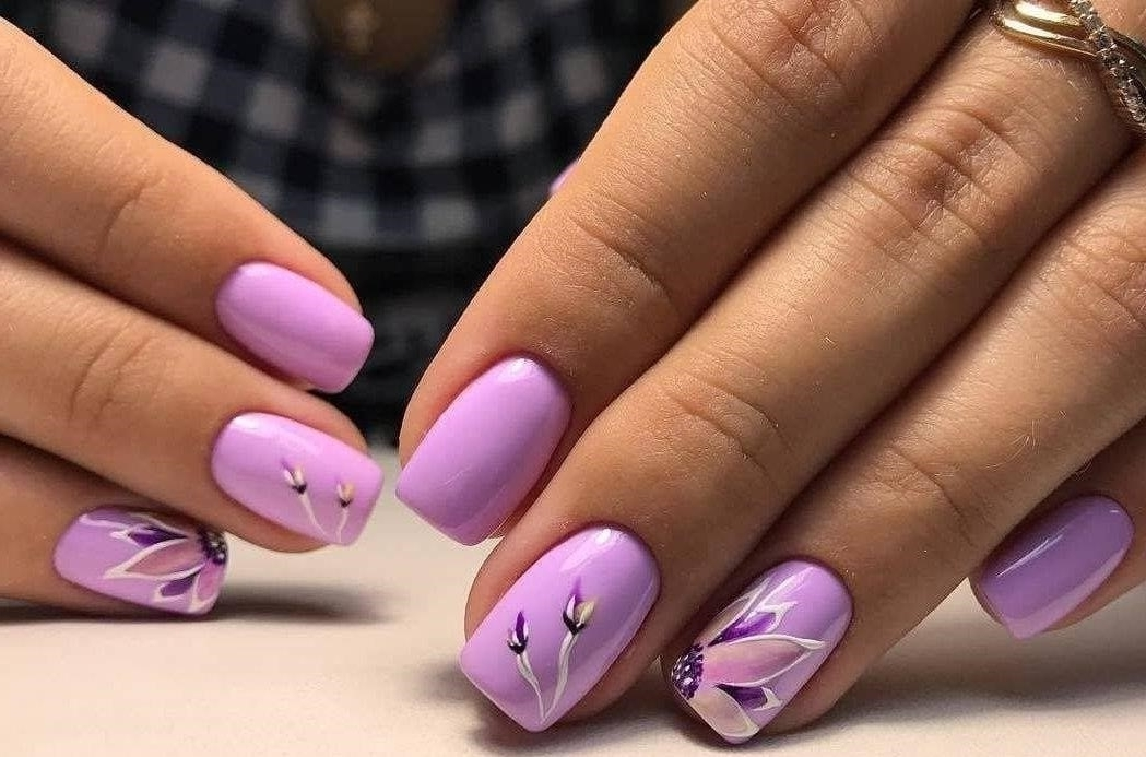 Маникюр Фиолетовый С Цветочками
